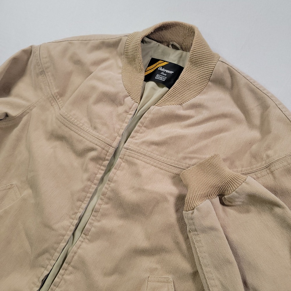 Vintage Sears Outerwear Bomber Jacket Mens L Tan Corduroy‎ Full Zip Ribbed Trim